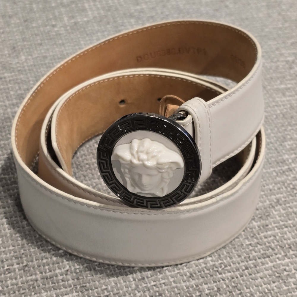Versace White Leather Belt with Medusa Buckle